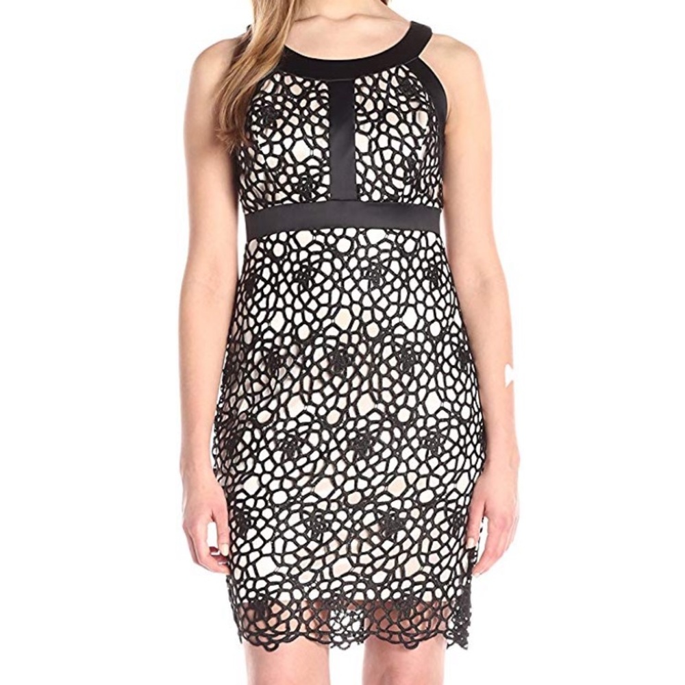 Jax Sleeveless Lace Sheath Dress, Black/Nude, Sz 2